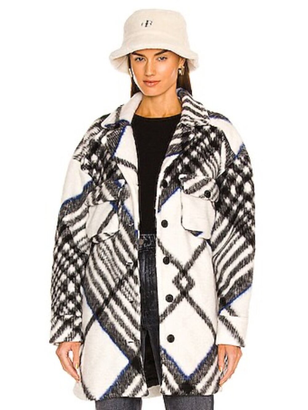 Anine Bing Oakley Oversized Brushed Flannel Shacket in Cream Tartan